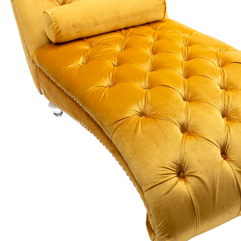 Chaise longue capitonnée en velours, fauteuil inclinable ergonomique en forme de S avec oreiller, clous décoratifs et pieds en acrylique pour utilisation intérieure
