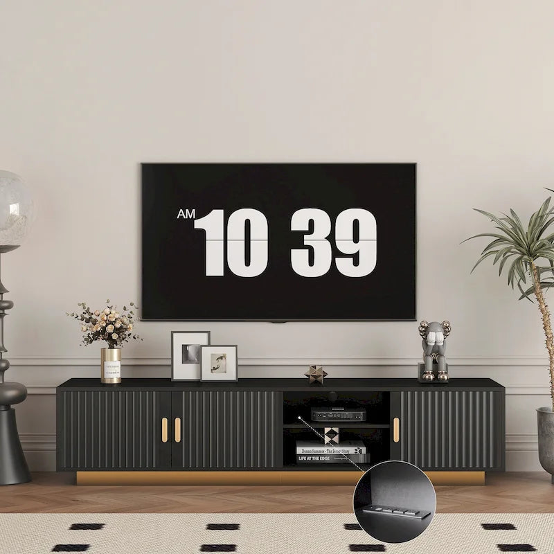Meuble TV 65" noir de style mi-century avec lumières LED et rangement pour TV jusqu'à 60"