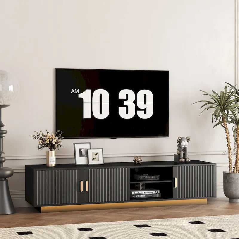 Meuble TV 65" noir de style mi-century avec lumières LED et rangement pour TV jusqu'à 60"