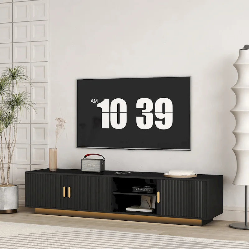 Meuble TV 65" noir de style mi-century avec lumières LED et rangement pour TV jusqu'à 60"