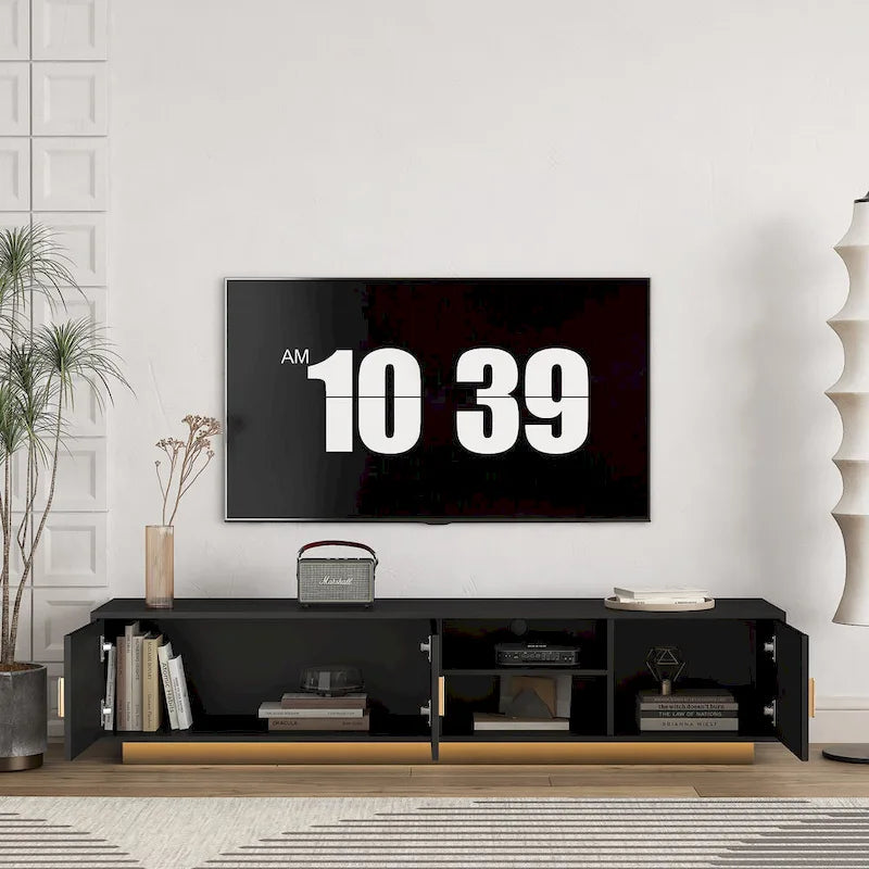 Meuble TV 65" noir de style mi-century avec lumières LED et rangement pour TV jusqu'à 60"