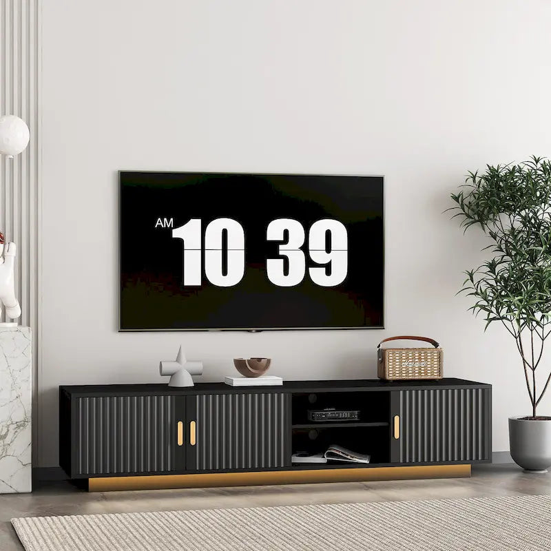 Meuble TV 65" noir de style mi-century avec lumières LED et rangement pour TV jusqu'à 60"