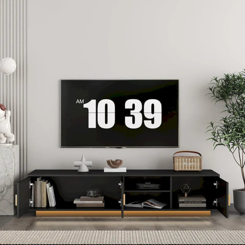 Meuble TV 65" noir de style mi-century avec lumières LED et rangement pour TV jusqu'à 60"