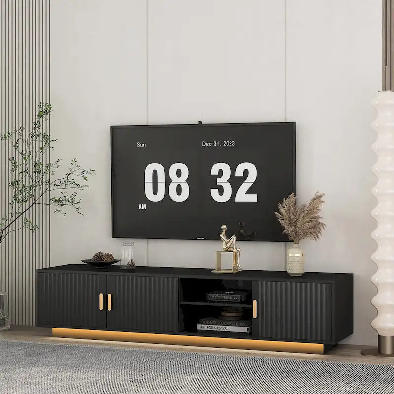 Meuble TV 65" noir de style mi-century avec lumières LED et rangement pour TV jusqu'à 60"