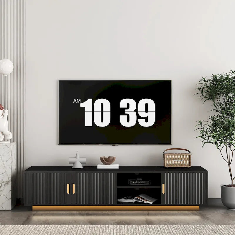 Meuble TV 65" noir de style mi-century avec lumières LED et rangement pour TV jusqu'à 60"