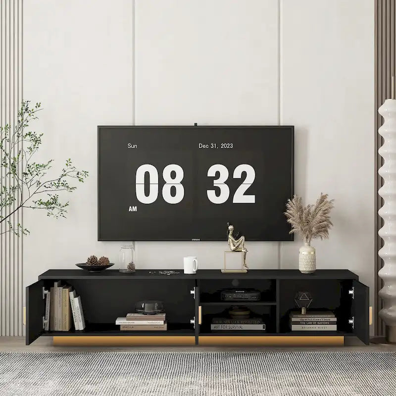 Meuble TV 65" noir de style mi-century avec lumières LED et rangement pour TV jusqu'à 60"