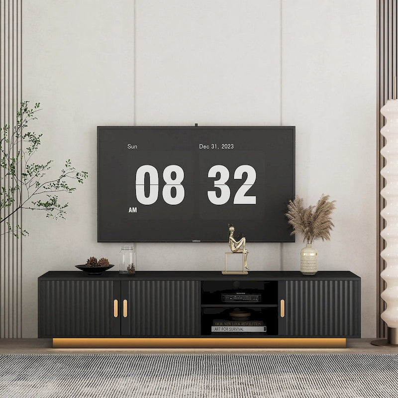 Meuble TV 65" noir de style mi-century avec lumières LED et rangement pour TV jusqu'à 60"
