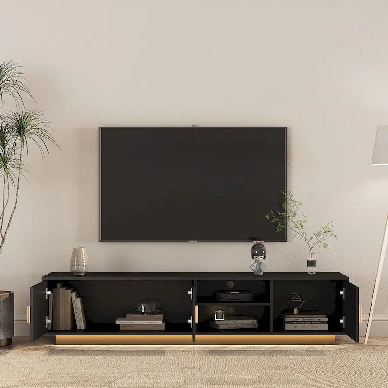 Meuble TV 65" noir de style mi-century avec lumières LED et rangement pour TV jusqu'à 60"