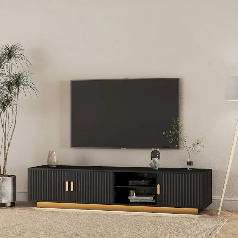 Meuble TV 65" noir de style mi-century avec lumières LED et rangement pour TV jusqu'à 60"
