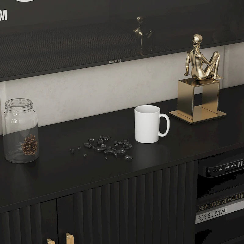 Meuble TV 65" noir de style mi-century avec lumières LED et rangement pour TV jusqu'à 60"