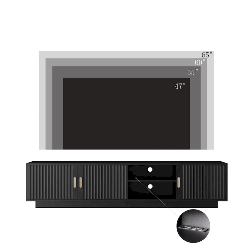 Meuble TV 65" noir de style mi-century avec lumières LED et rangement pour TV jusqu'à 60"