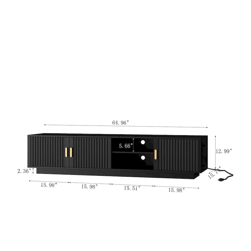 Meuble TV 65" noir de style mi-century avec lumières LED et rangement pour TV jusqu'à 60"