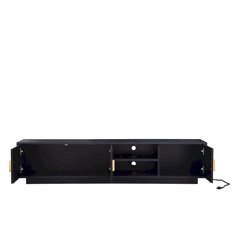 Meuble TV 65" noir de style mi-century avec lumières LED et rangement pour TV jusqu'à 60"