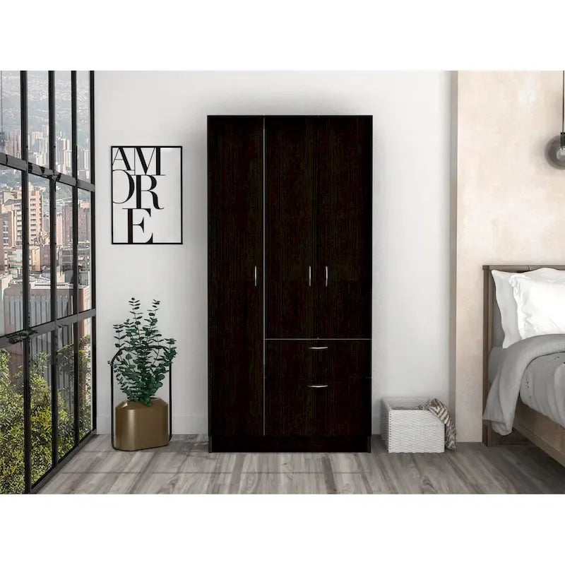 32.2 Modern Double-door Armoire with Five Shelves and One Drawer for Bedroom