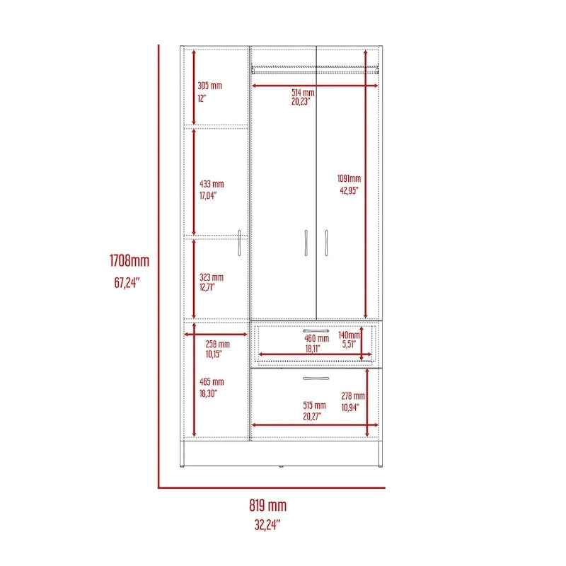 32.2 Armoire double moderne avec cinq étagères et un tiroir pour chambre à coucher