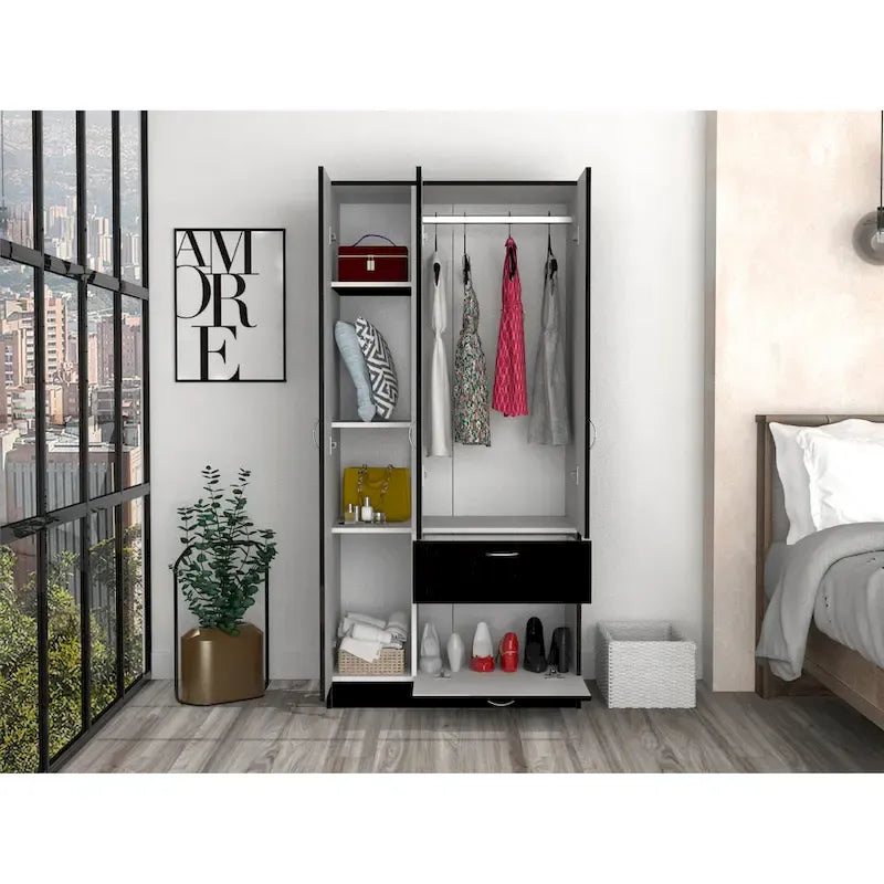 32.2 Armoire double moderne avec cinq étagères et un tiroir pour chambre à coucher