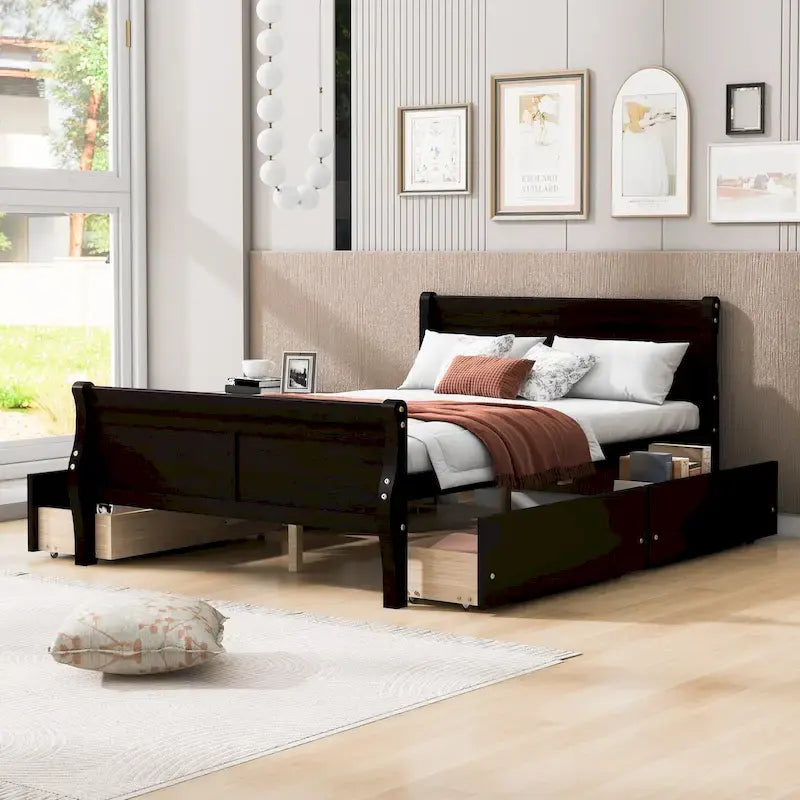 Lit plateforme en pin massif avec 4 tiroirs et design