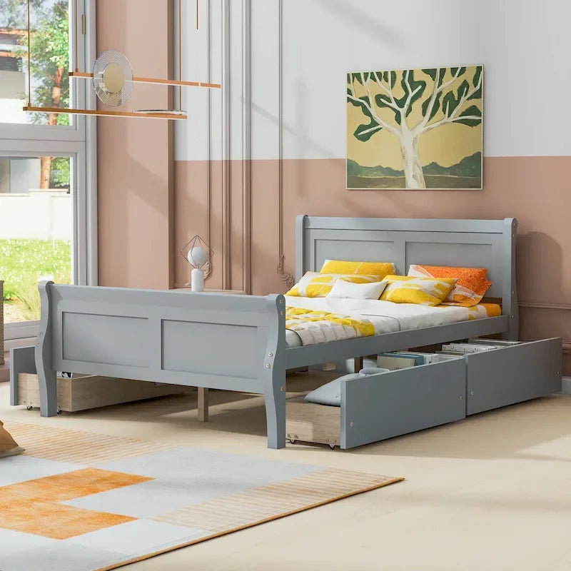 Lit plateforme en pin massif avec 4 tiroirs et design