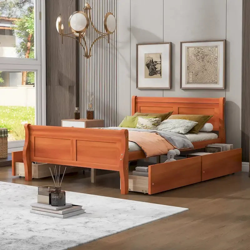 Lit plateforme en pin massif avec 4 tiroirs et design