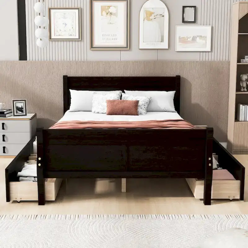Lit plateforme en pin massif avec 4 tiroirs et design
