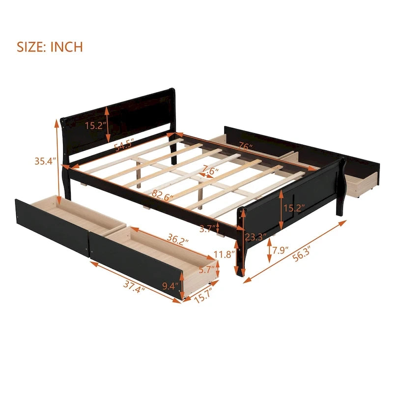 Lit plateforme en pin massif avec 4 tiroirs et design