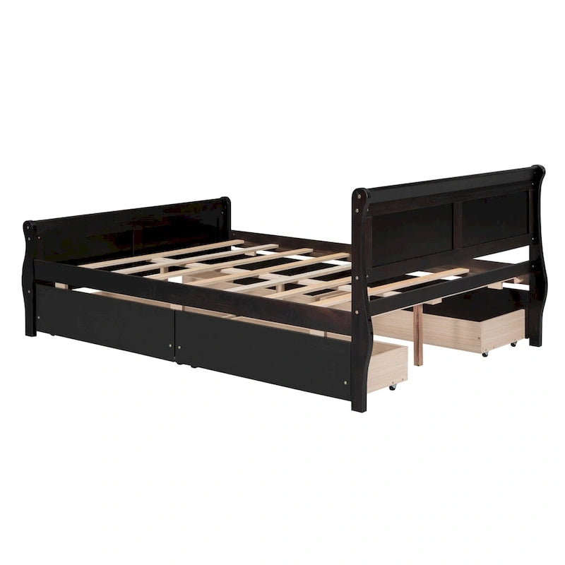 Lit plateforme en pin massif avec 4 tiroirs et design