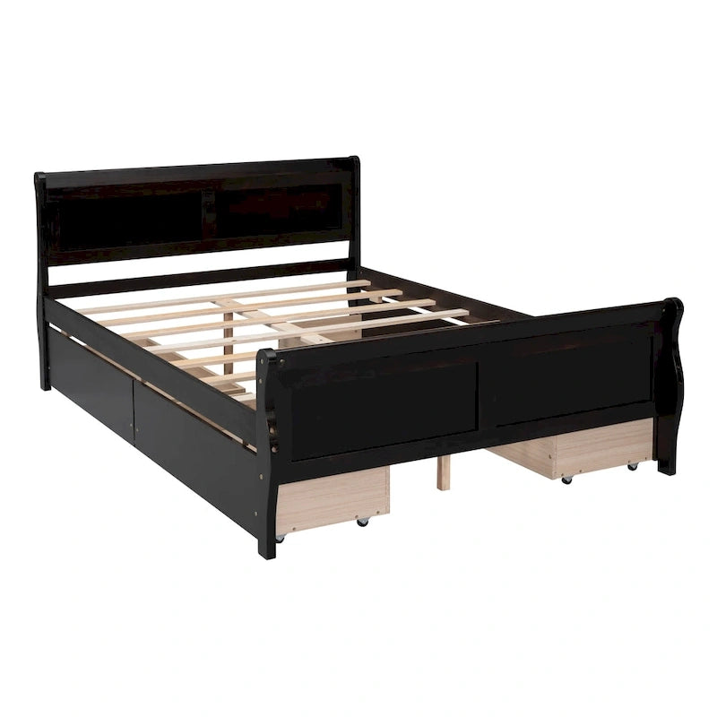 Lit plateforme en pin massif avec 4 tiroirs et design