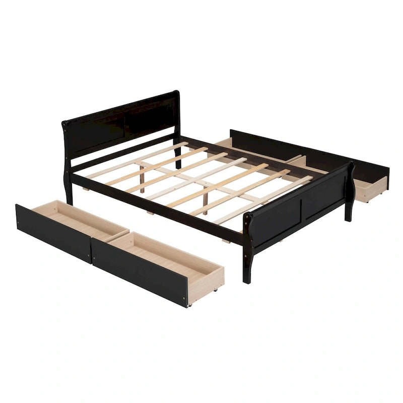 Lit plateforme en pin massif avec 4 tiroirs et design