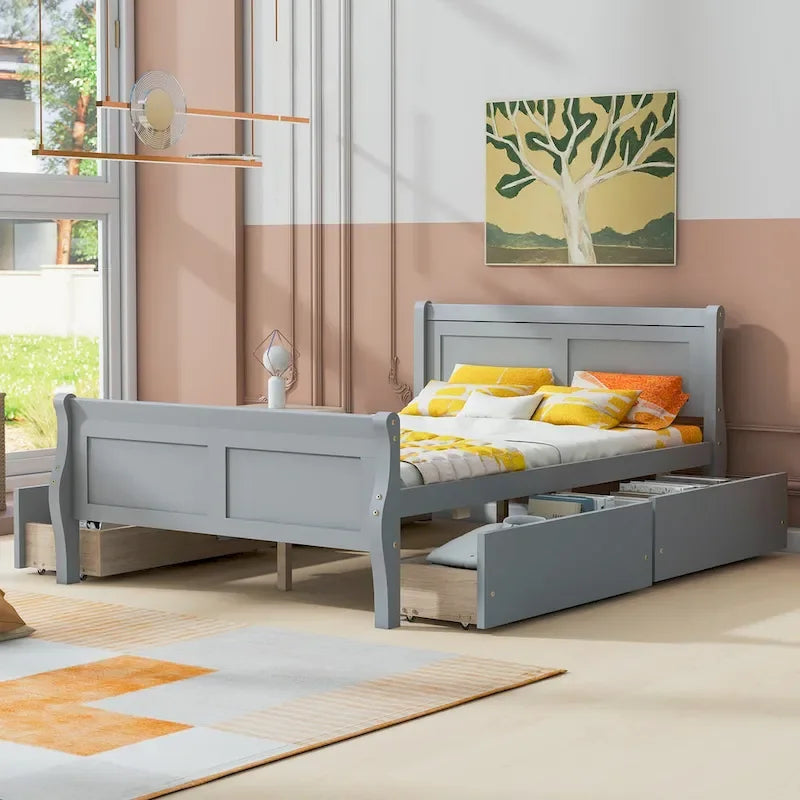Lit plateforme en pin massif avec 4 tiroirs et design