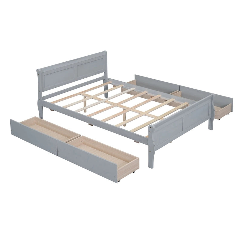 Lit plateforme en pin massif avec 4 tiroirs et design