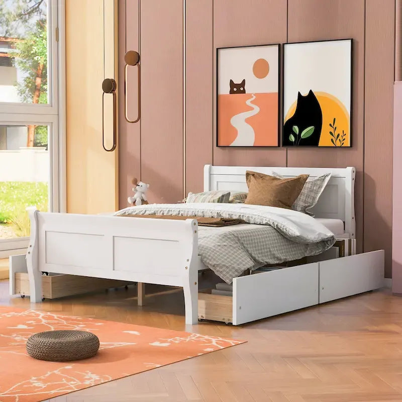 Lit plateforme en pin massif avec 4 tiroirs et design