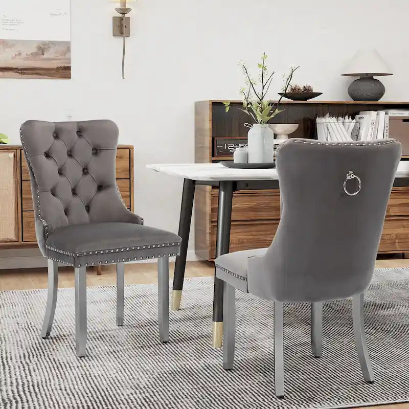 Lot de 2 chaises de salle à manger en velours, chaises de salle à manger capitonnées avec dossier boutonné, garniture cloutée, chaises d'appoint rembourrées pour la cuisine