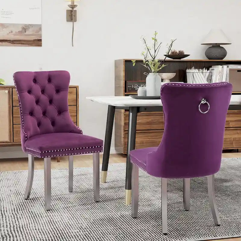 Lot de 2 chaises de salle à manger en velours, chaises de salle à manger capitonnées avec dossier boutonné, garniture cloutée, chaises d'appoint rembourrées pour la cuisine