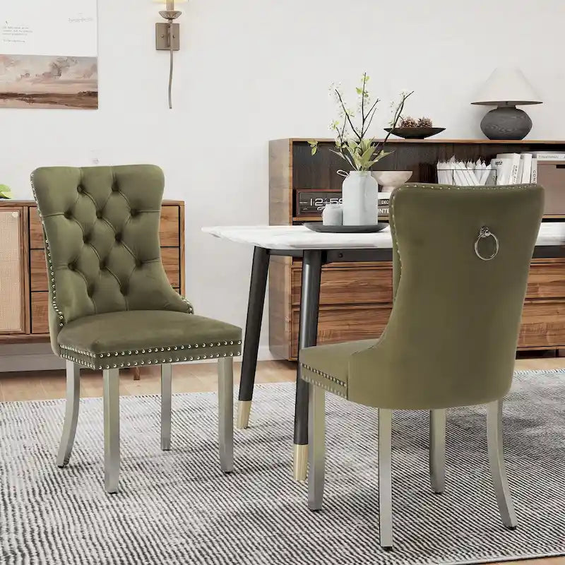 Lot de 2 chaises de salle à manger en velours, chaises de salle à manger capitonnées avec dossier boutonné, garniture cloutée, chaises d'appoint rembourrées pour la cuisine