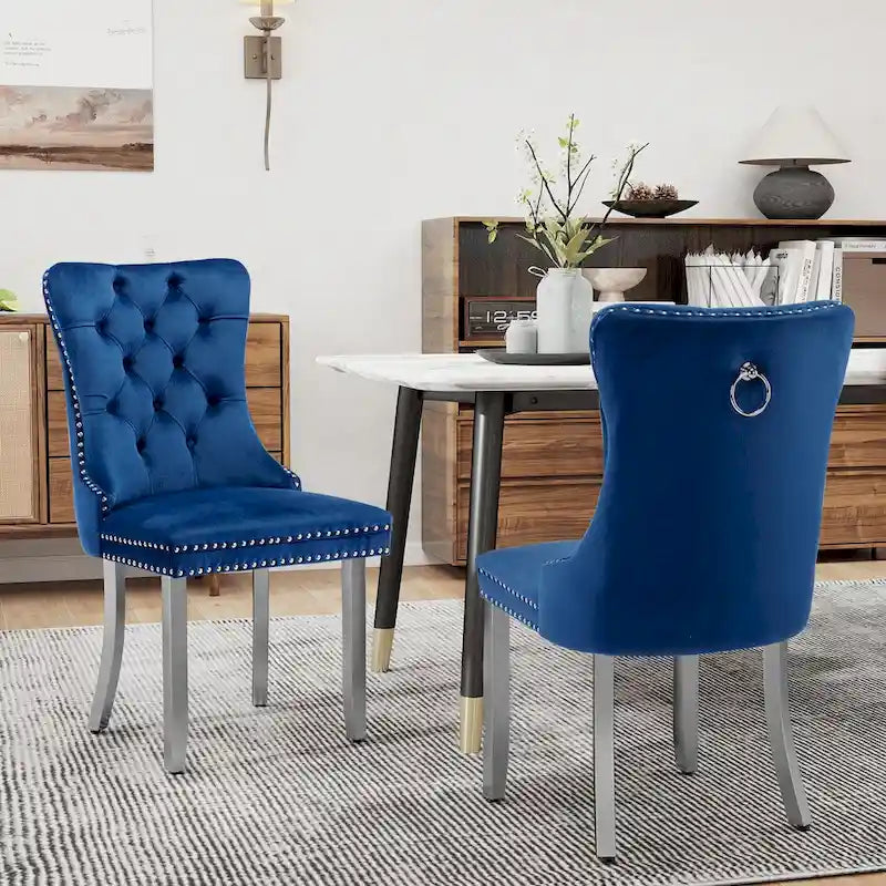 Lot de 2 chaises de salle à manger en velours, chaises de salle à manger capitonnées avec dossier boutonné, garniture cloutée, chaises d'appoint rembourrées pour la cuisine