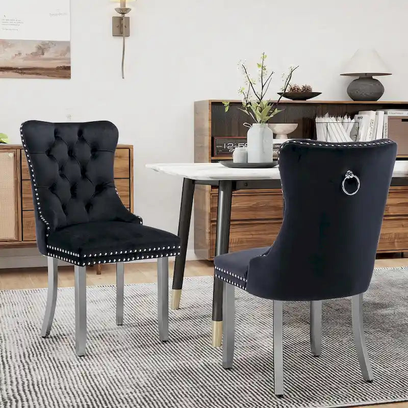 Lot de 2 chaises de salle à manger en velours, chaises de salle à manger capitonnées avec dossier boutonné, garniture cloutée, chaises d'appoint rembourrées pour la cuisine