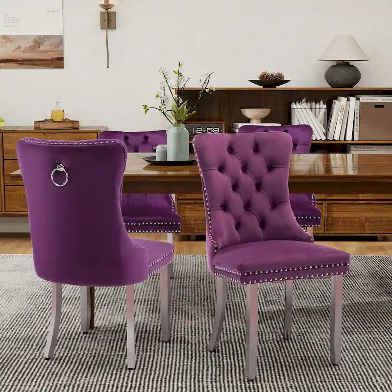 Lot de 2 chaises de salle à manger en velours, chaises de salle à manger capitonnées avec dossier boutonné, garniture cloutée, chaises d'appoint rembourrées pour la cuisine