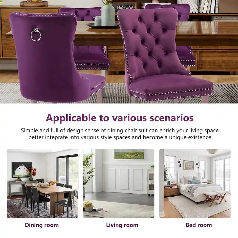 Lot de 2 chaises de salle à manger en velours, chaises de salle à manger capitonnées avec dossier boutonné, garniture cloutée, chaises d'appoint rembourrées pour la cuisine