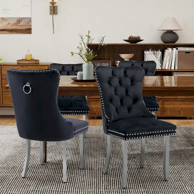 Lot de 2 chaises de salle à manger en velours, chaises de salle à manger capitonnées avec dossier boutonné, garniture cloutée, chaises d'appoint rembourrées pour la cuisine