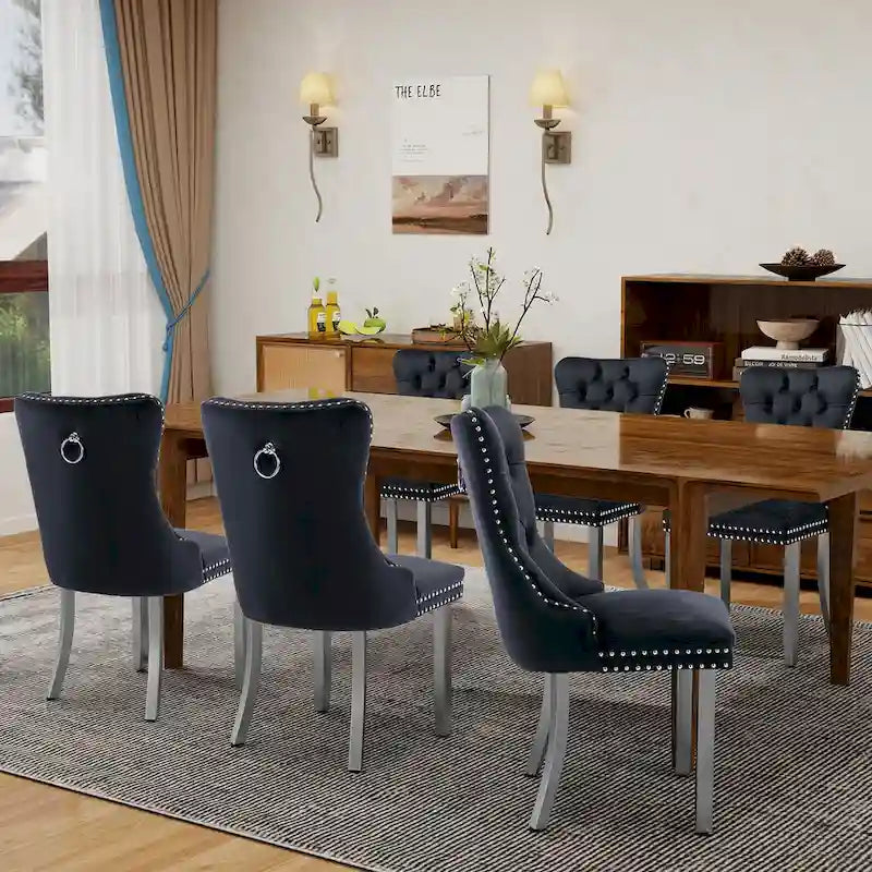 Lot de 2 chaises de salle à manger en velours, chaises de salle à manger capitonnées avec dossier boutonné, garniture cloutée, chaises d'appoint rembourrées pour la cuisine
