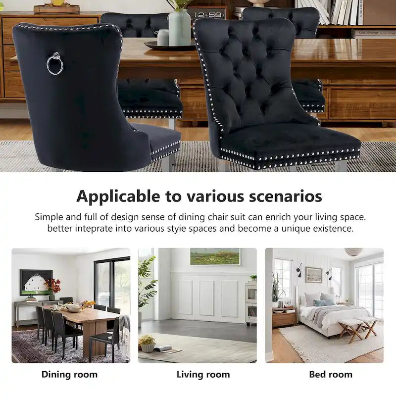 Lot de 2 chaises de salle à manger en velours, chaises de salle à manger capitonnées avec dossier boutonné, garniture cloutée, chaises d'appoint rembourrées pour la cuisine