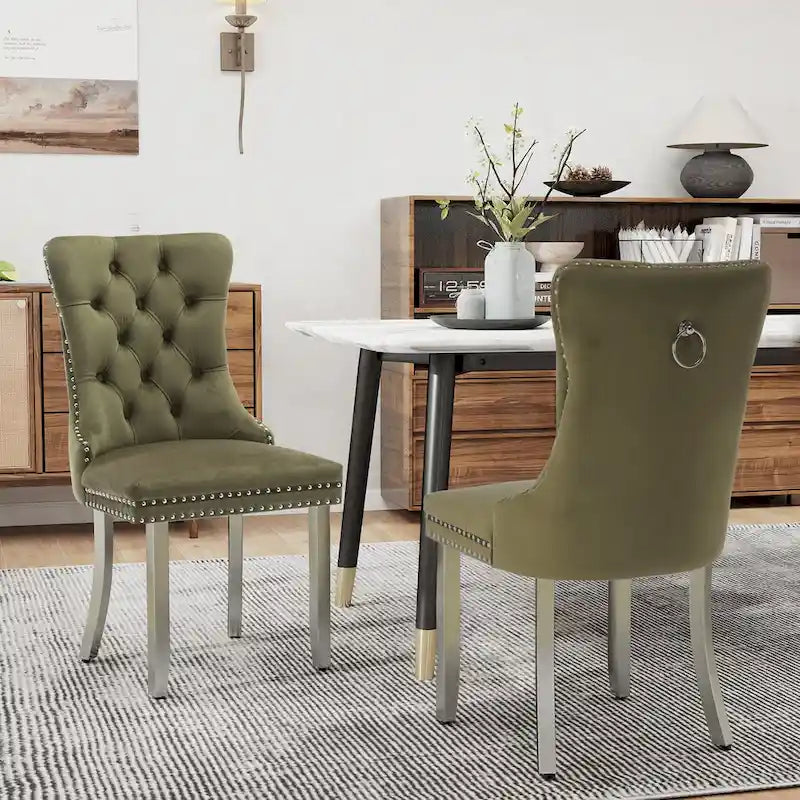 Lot de 2 chaises de salle à manger en velours, chaises de salle à manger capitonnées avec dossier boutonné, garniture cloutée, chaises d'appoint rembourrées pour la cuisine