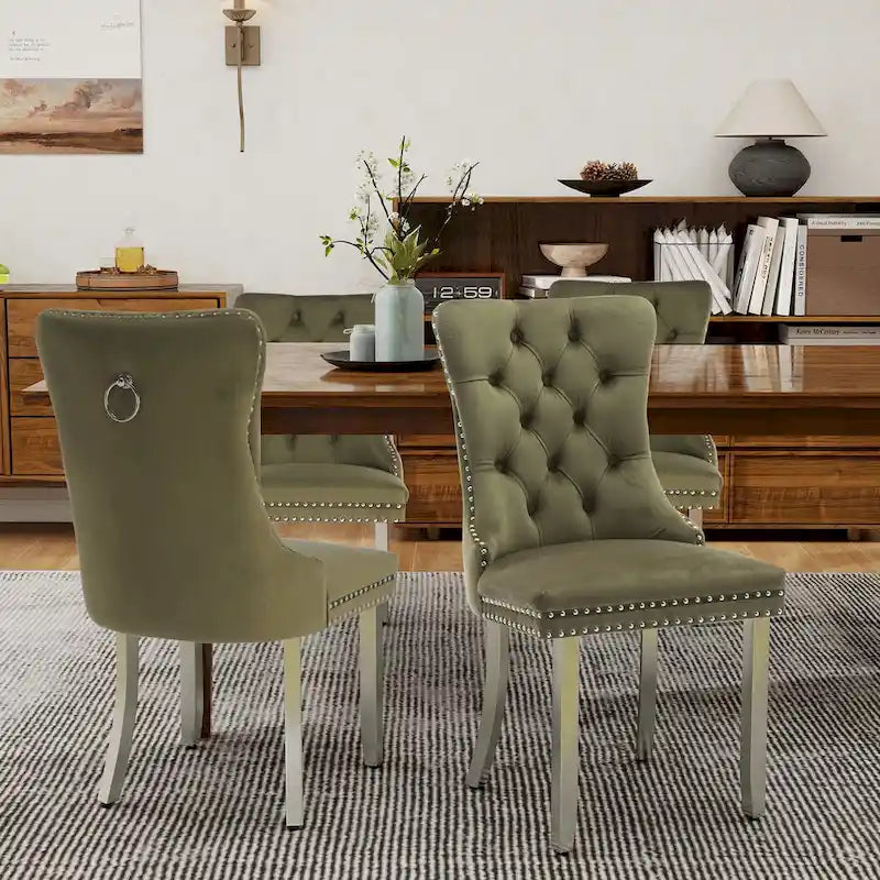 Lot de 2 chaises de salle à manger en velours, chaises de salle à manger capitonnées avec dossier boutonné, garniture cloutée, chaises d'appoint rembourrées pour la cuisine