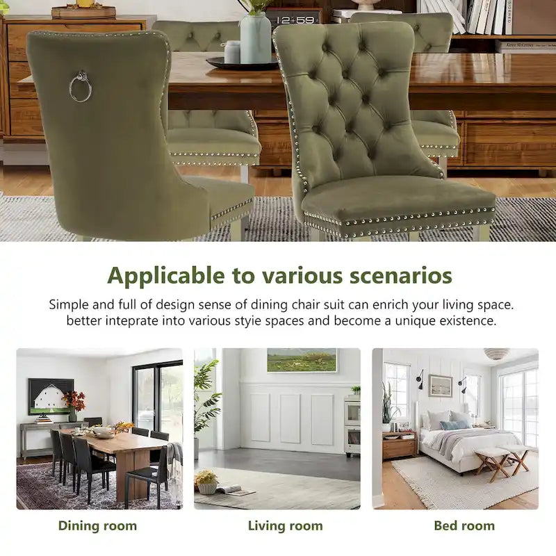 Lot de 2 chaises de salle à manger en velours, chaises de salle à manger capitonnées avec dossier boutonné, garniture cloutée, chaises d'appoint rembourrées pour la cuisine