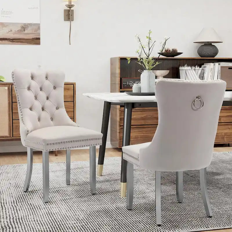 Lot de 2 chaises de salle à manger en velours, chaises de salle à manger capitonnées avec dossier boutonné, garniture cloutée, chaises d'appoint rembourrées pour la cuisine