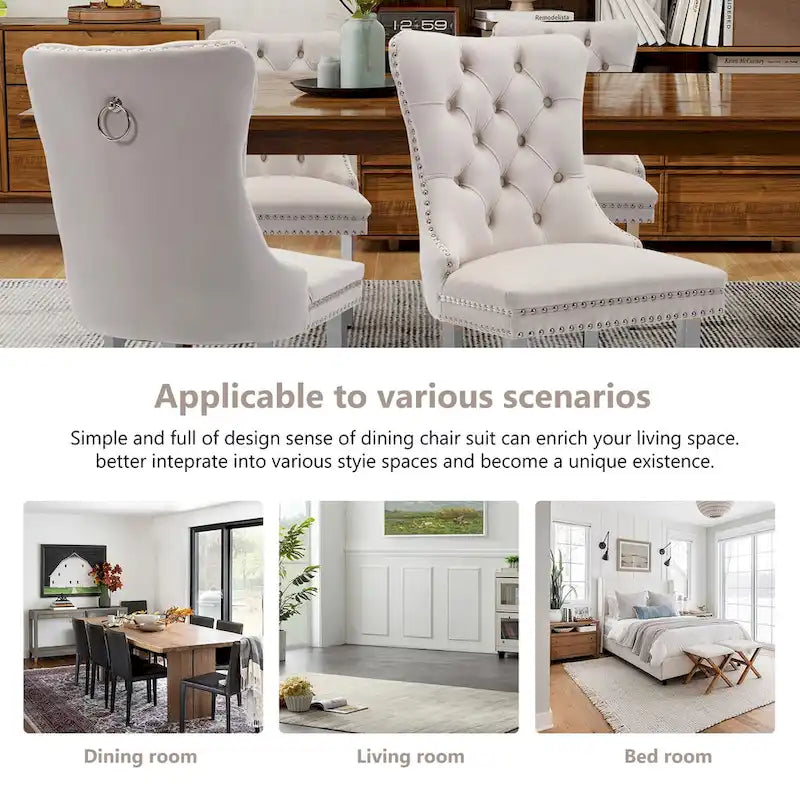 Lot de 2 chaises de salle à manger en velours, chaises de salle à manger capitonnées avec dossier boutonné, garniture cloutée, chaises d'appoint rembourrées pour la cuisine