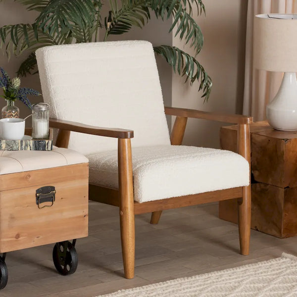 Mid-Century Modern Cream Boucle Fabric and Walnut Brown Finished Wood Armchair