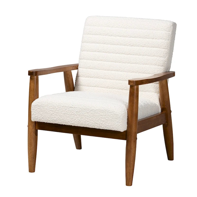 Fauteuil en tissu bouclette crème et bois de noyer de style milieu de siècle
