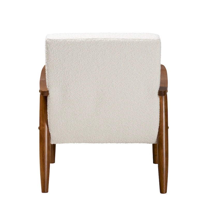 Fauteuil en tissu bouclette crème et bois de noyer de style milieu de siècle