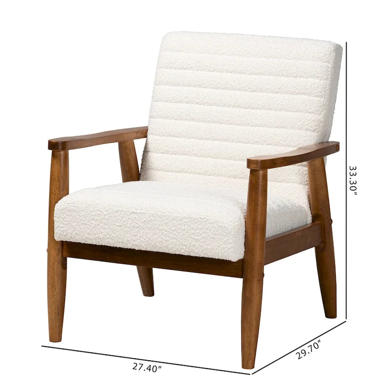 Fauteuil en tissu bouclette crème et bois de noyer de style milieu de siècle